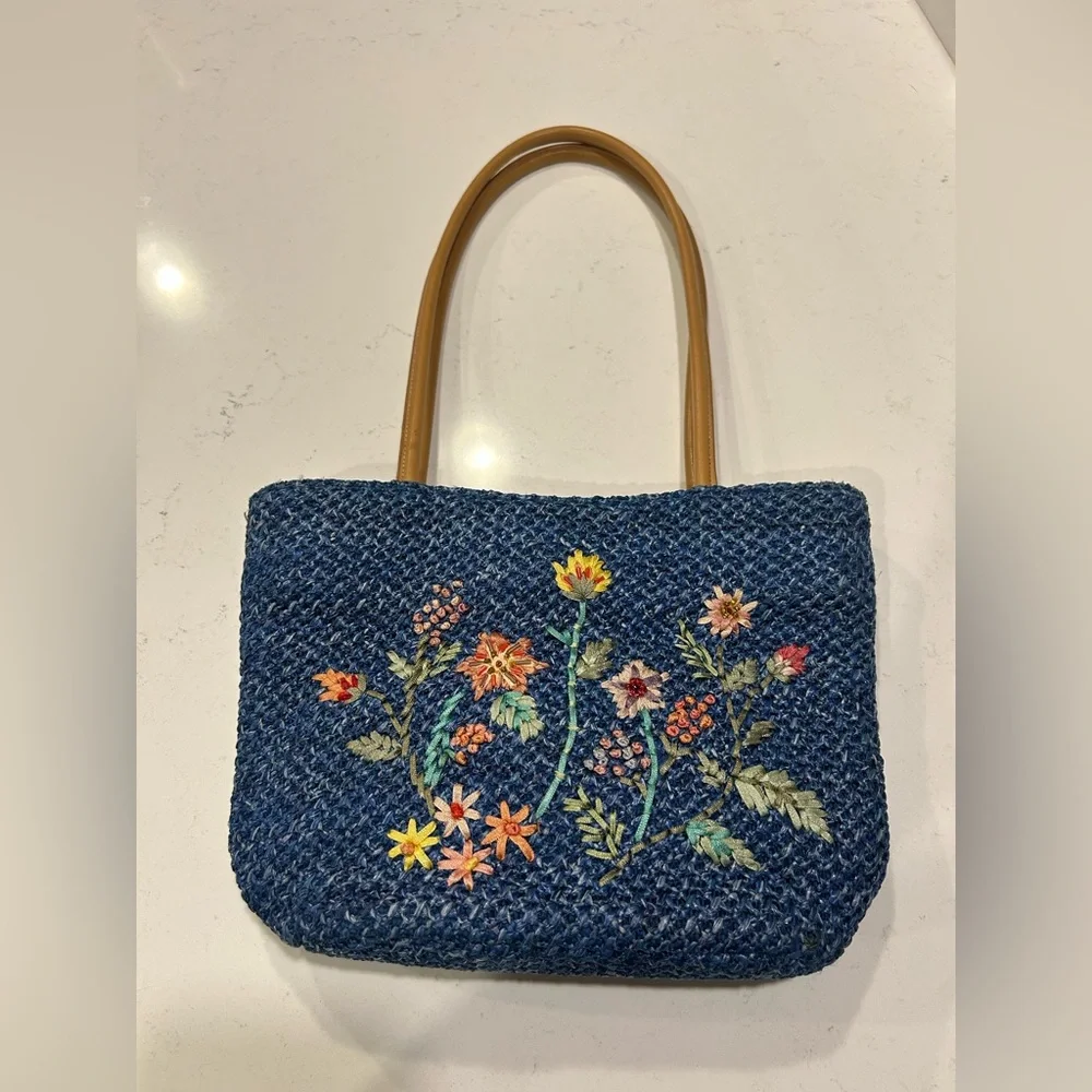 Blue Woven Straw Tote Floral Embroidered Shoulder Bag Boho Cottagecore